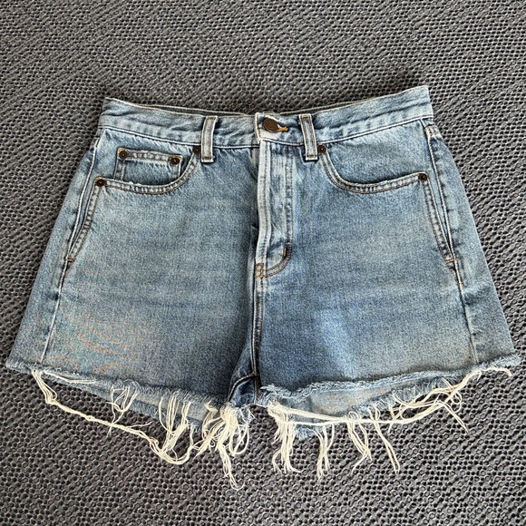 Saint Laurent Pants - Saint Laurent Light Blue Distressed Denim Cutoff Shorts